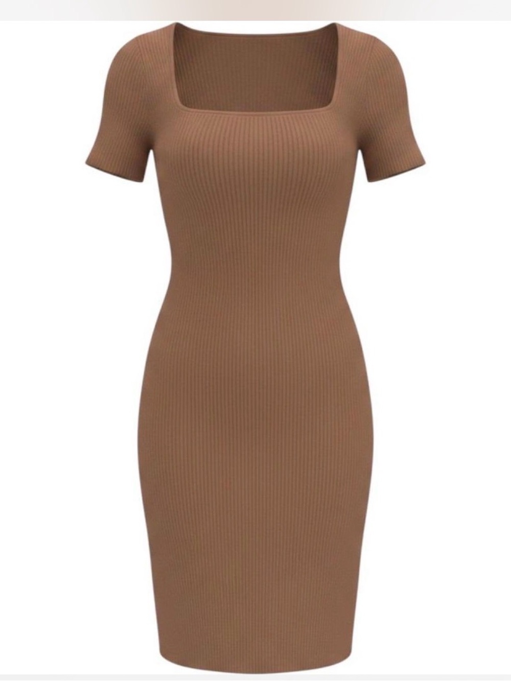 OQQ Ribbed Square-Neck Bodycon Dress in Brown NWOT